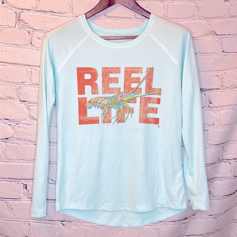 Reel Life Blue Orange Long Sleeve Solar Protection Fishing Shirt Size Medium